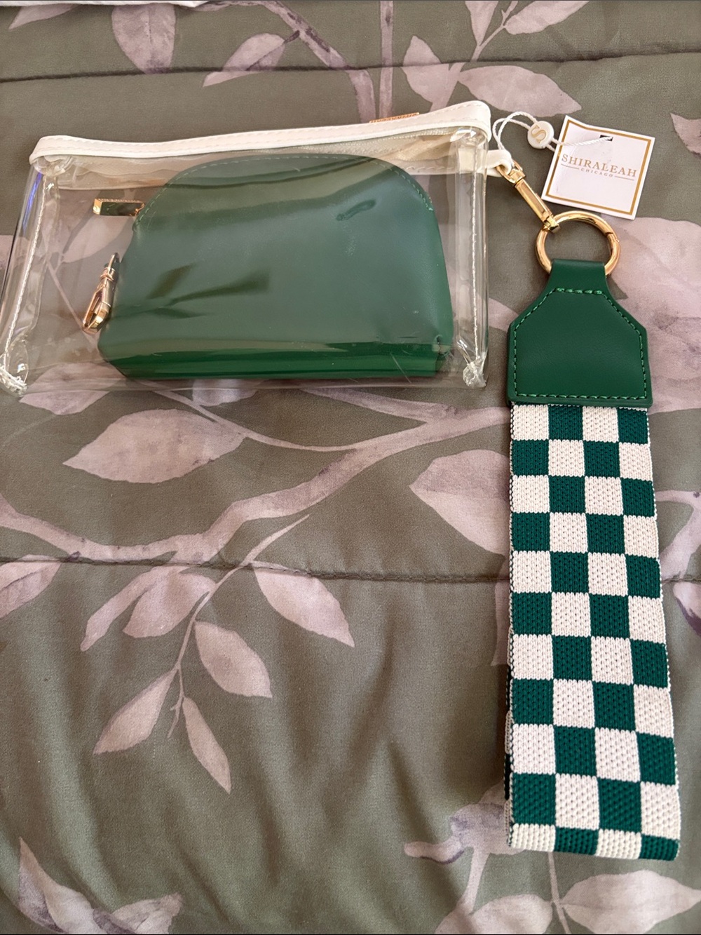 Shiraleah Green Clear Cosmetic Pouch Set with Green-and-White Checker Strap